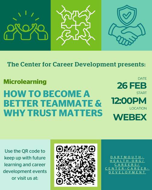 graphical flyer for Microlearning event "How to become a better teammate and why trust matters"