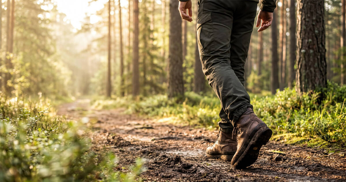 A person's feet, wearing hiking boots, in the woods