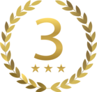 Gold colored graphic with number three and three stars in the middle of a laurel wreath