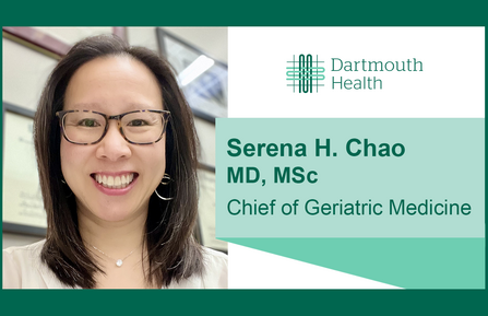 Headshot of Serena H. Chao, MD, MSc, with Dartmouth Health logo and her name and title to her right. Chao has shoulder-length black hair and is wearing glasses and a white shirt.
