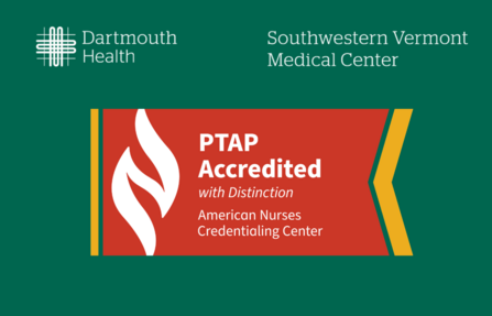 A generic Southwestern Vermont Medical Center slate with the PTAP accredited with distinction flag over it
