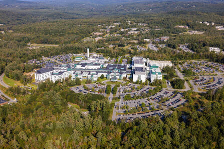 Exterior drone photo of DHMC from above