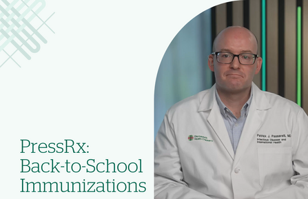 A photo of Patrick Passarelli with text that says "PressRx: Back to School Immunizations"