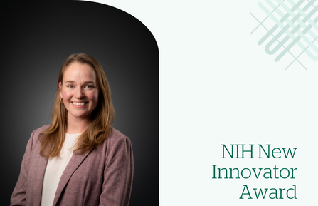 A headshot of Caitlin Kowalski with text that says "NIH New Innovator Award"
