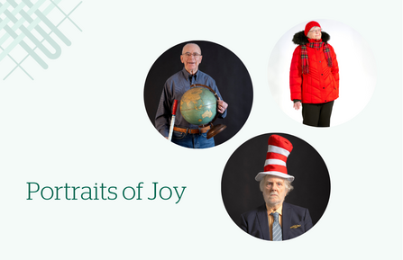 A Dartmouth Health graphic that says "Portraits of Joy" with three images of participants in circles.