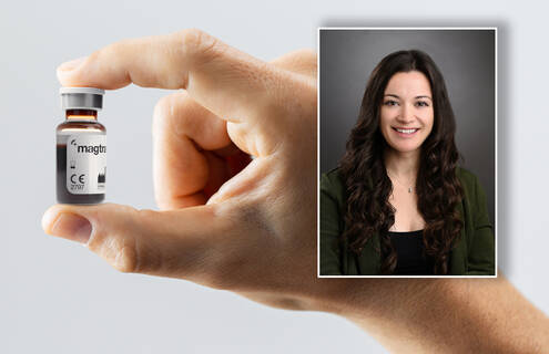 A hand holding a bottle of Magtrace next to a head shot of Kimberley Ellis