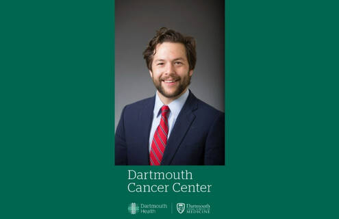 Lawrence Dagrosa headshot on green background above Dartmouth Cancer Center logo