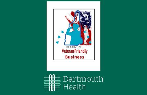 Logo for NH Veteran-Friendly Business program on green background with DH logo underneath