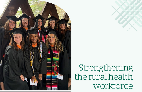 A group of students, posing in graduation regalia, that will work at Cheshire as a result of the partnership with New England College 