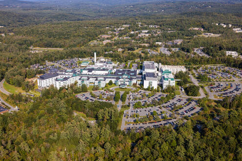 Exterior drone photo of DHMC from above