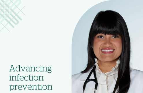 A headshot of Gabriela Andujar Vazquez with text that reads "advancing infection prevention."