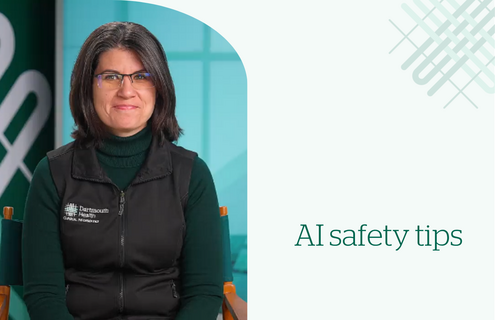 A photo of Randa Perkins, MD, MBA, FAMIA, with text that reads "AI safety tips"