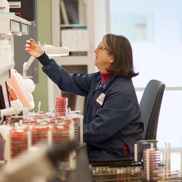 A seated laboratory technician examines a sample in a tube