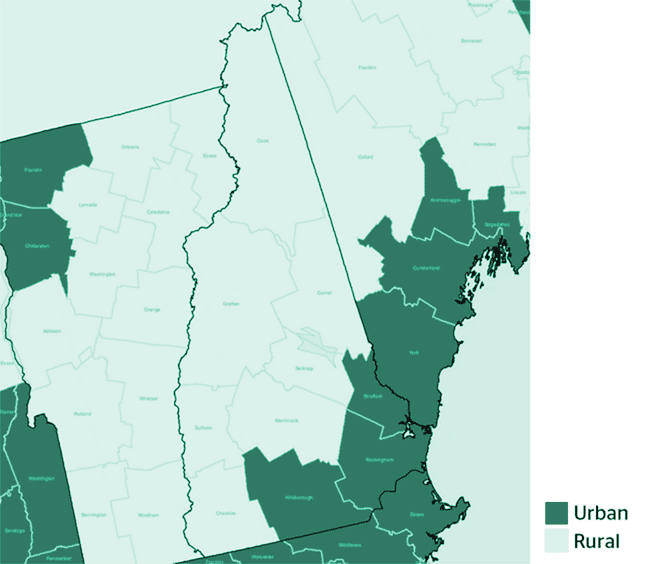 Map of NH and VT showing rural vs urban counties