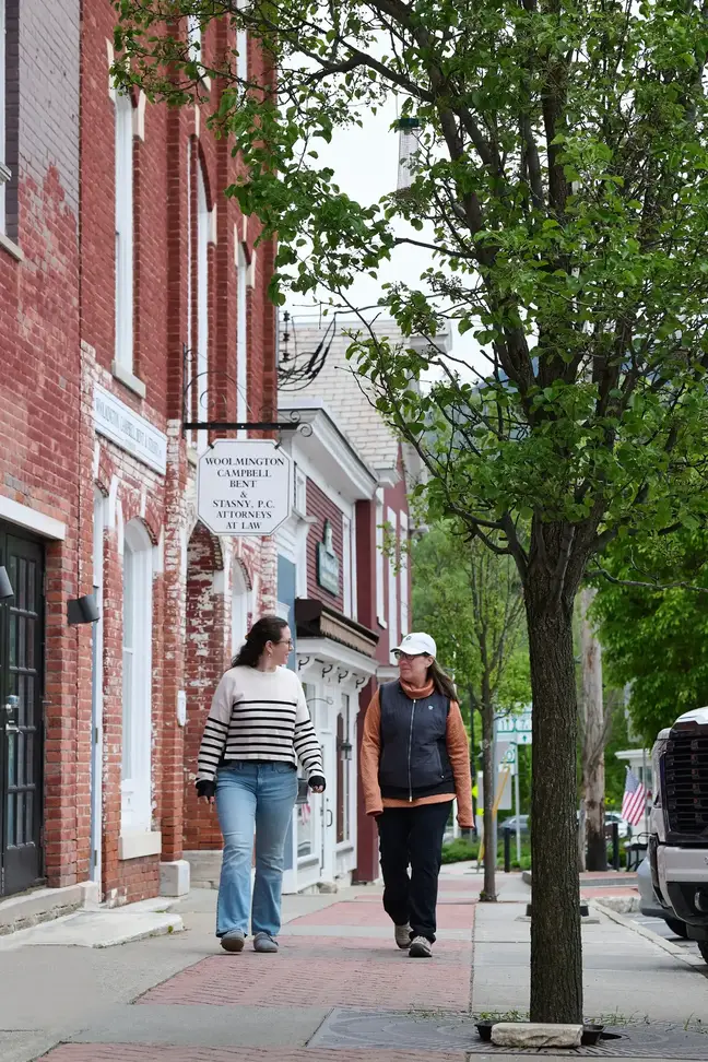 Two women walk down a tree-lined street next to old brick buildings