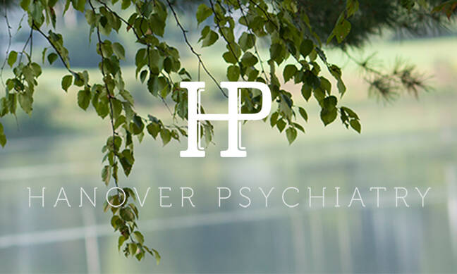 Hanover Psychiatry logo over an image of tree leaves and lake