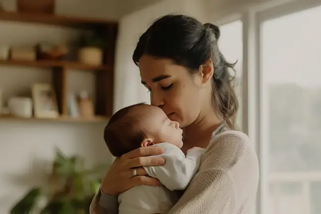 A mother holding her infant child in a room.