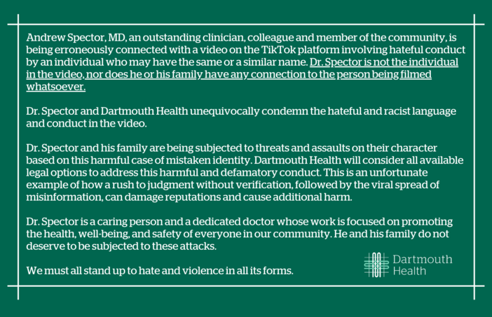 Statement of support for Andrew R. Spector, MD
