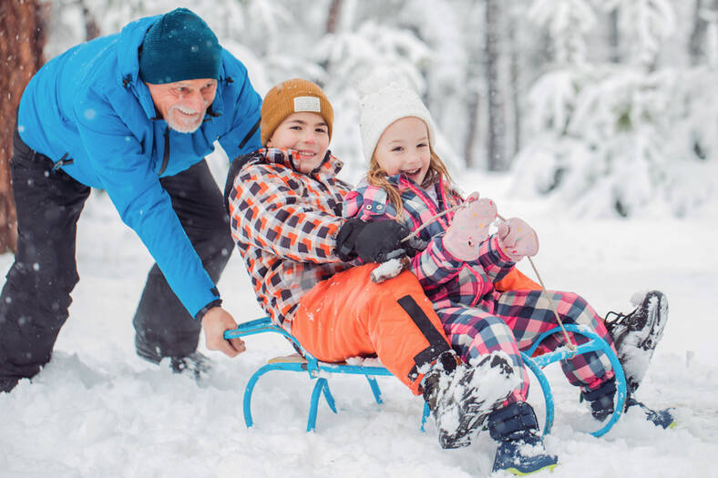 Kids being pushed through the snow on a sled