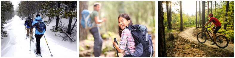 3 images of people snowshoeing, hiking, mountainbiking